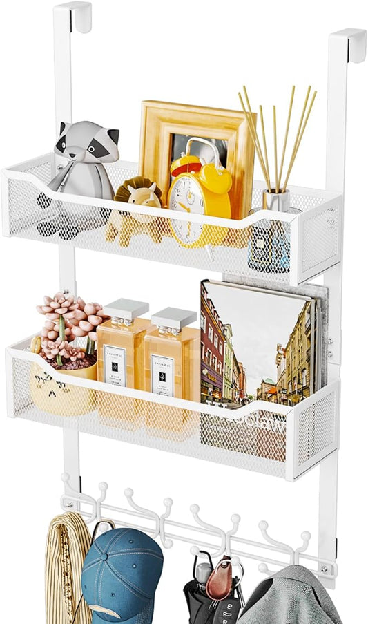 SWTYMIKI Over The Door Hook with 16 Hooks & 2 Mesh Baskets - Heavy Duty Over The Door Organizer Hanger for Towels, Coats, Clothes - Space Saving Hanging Rack for Bathroom, Living Room, White
