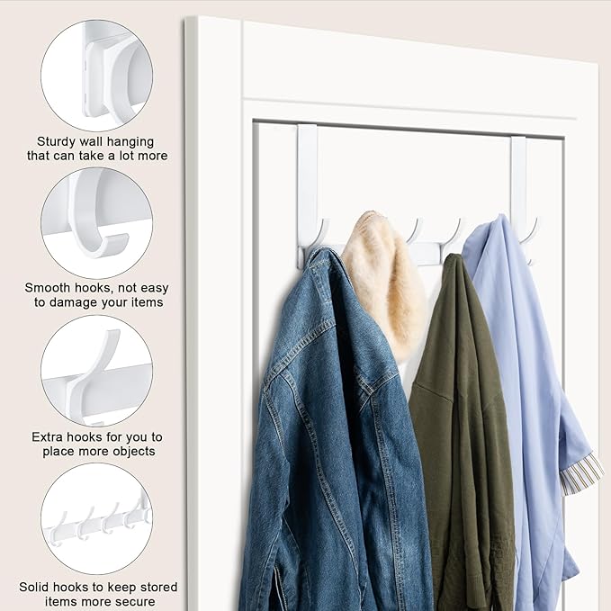 BOOMIBOO Over The Door Hooks, Sturdy Door Hanger, Towel Rack Towel Hooks for Bathroom 12 Hooks Large Over The Door for Bathroom, Bedroom，Kitchen