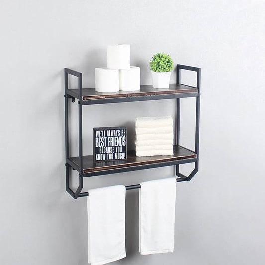 2-Tier Metal Industrial 23.6" Bathroom Shelves Wall Mounted,Rustic Wall Shelf Over Toilet,Towel Rack with Towel Bar,Utility Storage Shelf Rack, Floating Shelves Towel Holder,Retro Black