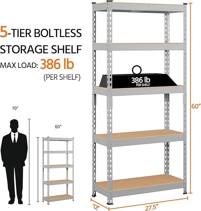 Topeakmart 5-Tier Utility Shelves, Metal Storage Shelves, Adjustable Shelving Units, Boltless Assembly, Garage Shelves Shed Shelving for Warehouse Garage Shed Basement- Light Gray, 27.5 x 12x 60 Inch