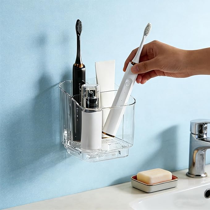 Toothbrush Storage Rack, 3 Slots Toothbrush Organizer with Dividers, Wall Mounted Toothpaste Holder Organizer for Bathroom Countertop Kitchen Office