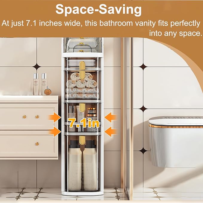 4-Tier Narrow Bathroom Storage Cabinet with Wheels & Tissue Box, 7.1 Inch Skinny Bathroom Cabinet Waterproof Organizer, Slim Storage Drawers for Toilet/Laundry/Kitchen