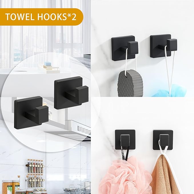 5-Piece Matte Black Bathroom Hardware Accessories Set - 16 Inch Stainless Steel Wall Mounted Towel Rack, Toilet Paper Holder, Towel Ring & 2 Hooks, Bathroom Organizer and Storage