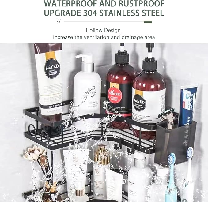 Durable Rustproof Shower Caddy 5 Pack, Stainless Steel Bathroom Storage Accessories, No Drilling Adhesive Shower Organizer, Hanging Bathroom Rack Shelves with Soap Razor Holder Set, Black