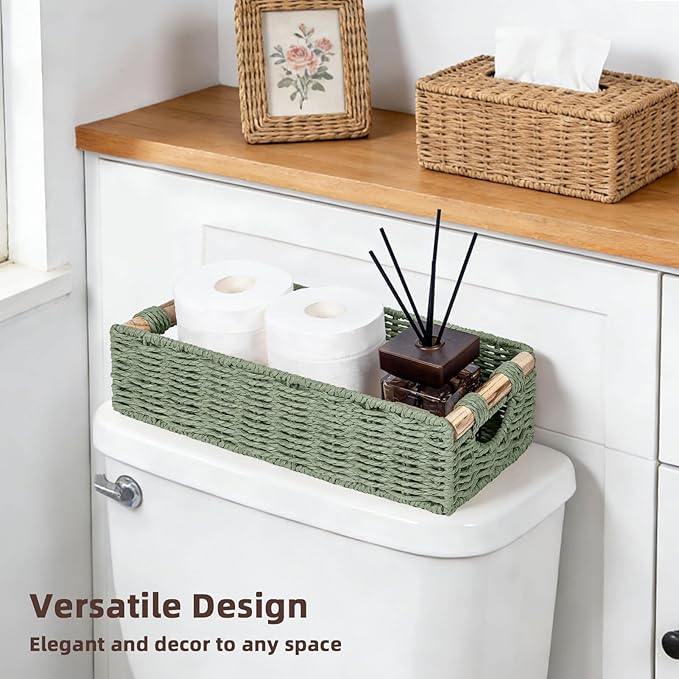 CubesLand Back of Toilet Storage Basket for Organizing w/Cut Out Handle, Handwoven Toilet Tank Top Paper Baskets, Small Wicker Decorative Basket for Countertop, Home, Living Room, Nursery, Green