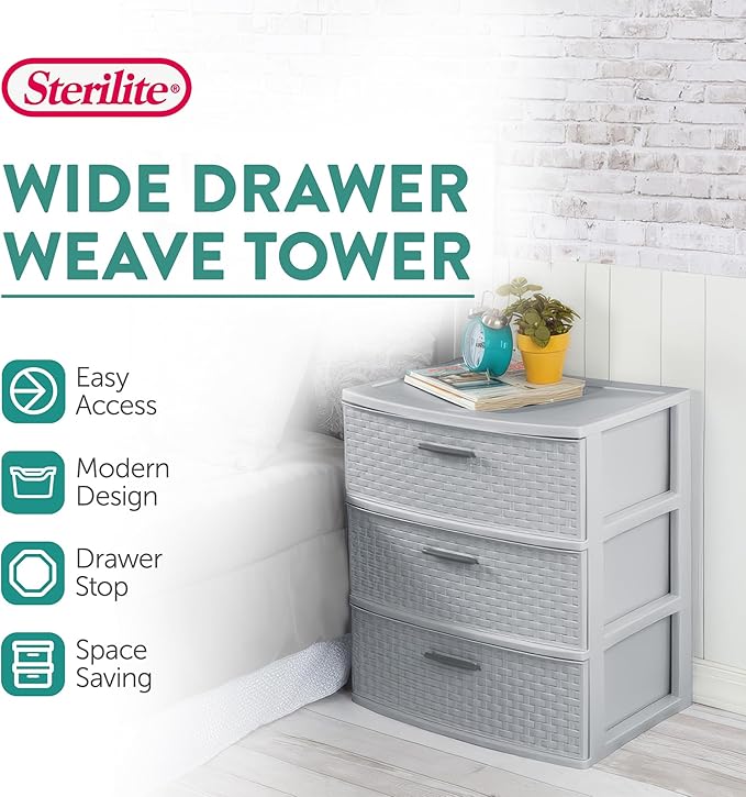 Sterilite 4 Pack 3 Drawer Wide Storage Tower, Plastic Weave Organizer, Cement - Lightweight Opaque Container for Bedrooms, Closets, or Bathrooms