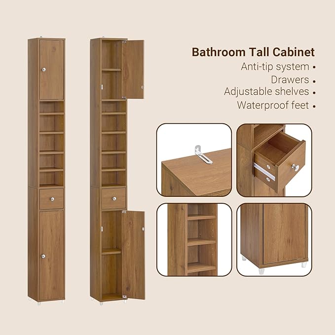 SoBuy Bathroom Narrow Storage Cabinet Skinny Tall Unit with Adjustable Shelves Slender Anti-Tipping Floor Standing Cupboard, Natural BZR34-PF