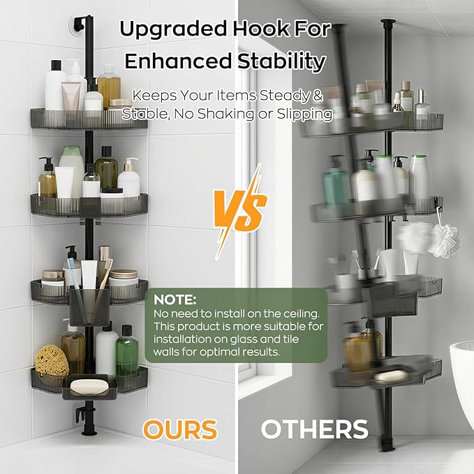 Corner Shower Caddy, Extendable Rustproof Shower Organizer Adjustable 4-Tier Bathroom Shelves Anti-Tipping Bathtub Shampoo Storage Floor Standing Bath Rack Shower Shelf with Soap Dish