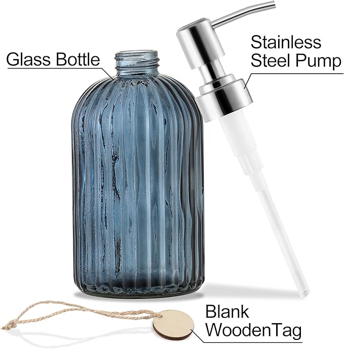 MOCLIF 16 OZ Soap Dispenser，Tempered Glass Clear Vertical Stripe with 304 Rust Proof Stainless Steel Pump Refillable Liquid Hand Soap Dispenser，for Bathroom, Kitchen, Dish Soap，Lotion (Blue Grey)