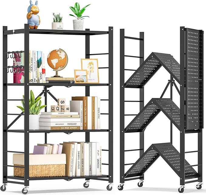 4-Tier Folding Metal Storage Shelf with Wheels & Hooks, Heavy Duty No-Assembly Collapsible Utility Rack for Kitchen, Garage, Office, Living Room – 600 lbs Capacity(Black, 4-Tier)