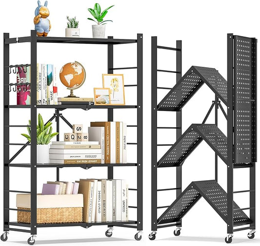 4-Tier Folding Metal Storage Shelf with Wheels & Hooks, Heavy Duty No-Assembly Collapsible Utility Rack for Kitchen, Garage, Office, Living Room – 600 lbs Capacity(Black, 4-Tier)