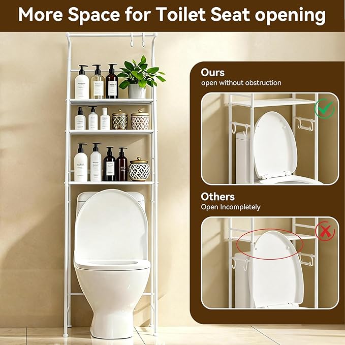 3-Tier Over The Toilet Rack,Bathroom Shelf Space Saver,Corner Stand Storage Organizer Accessories,The Over The Toilet Storage,with Hanging Rod,Tower Shelf,White(White-fcksj, one Size)