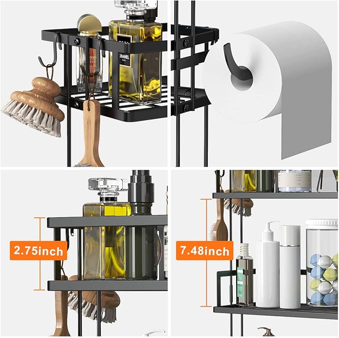 FLOLXNB Over The Toilet Storage,3-Tier Bathroom Organizer Shelves with Paper Holder, Multifunctional Toilet Rack,No Drilling Storage Shelf, Home Storage Space Saver Wall Mounting Design,White