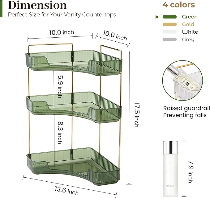 Aveniee Corner Bathroom Counter Organizer, 3 Tier Makeup Perfume Storage for Vanity, Countertop SkinCare Stand Shelf Holder for Women (Green)