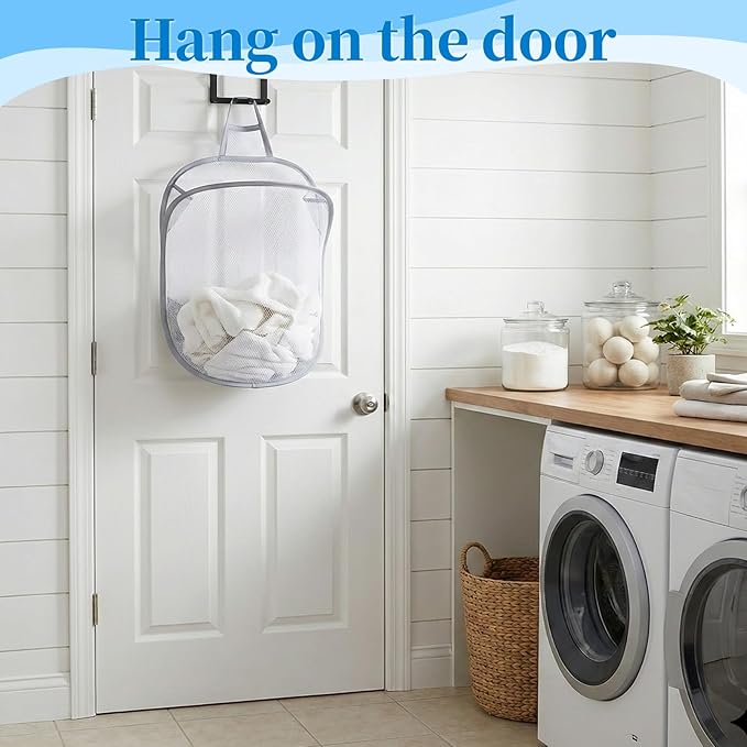2 Pack Mesh Hanging Laundry Hamper, Small Foldable Wall Laundry Baskets Space-Saving Wall Hamper Portable Dirty Clothes Organizer for Home, Dorms, Hotels, RVs Grey