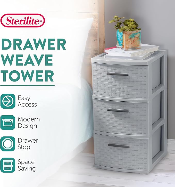 Sterilite 8 Pack 3 Drawer Storage Tower, Plastic Weave Medium Organizer, Cement - Lightweight Opaque Container for Bedrooms, Closets, or Bathrooms