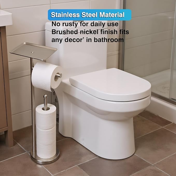 Toilet Paper Holder with Shelf, Freestanding Tissue Paper Stand with Storage Space for Extra 4 Toilet Paper Rolls (Stainless Steel Base, Brushed Nickel)