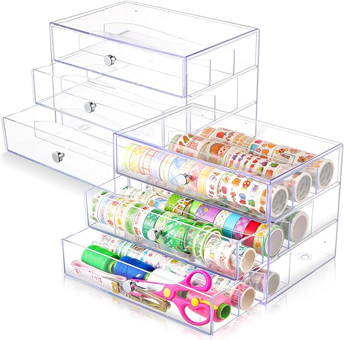 Wonderjune 2 Pack 3 Drawer Washi Tape Organizer Plastic Washi Tape Storage Cube Organizer Box 10 x 7 x 6.8 Large Capacity Clear Storage Drawer Holder for Art Craft Embellishments Jewelry Makeup