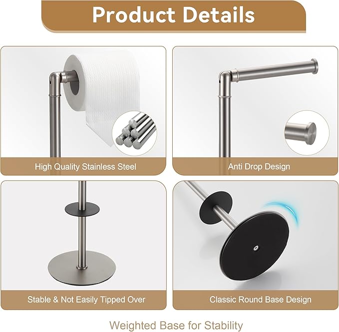 BGL Freestanding Toilet Paper Holder, Tissue Holder On Floor with Reserve Storage Paper Rolls, Roll Paper Holder Standing On Floor (Brushed Nickel)