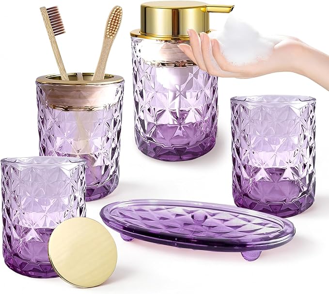 5PCS Bathroom Accessory Set,Purple Bathroom Countertop Organizer Set with Soap Dispenser, Toothbrush Holder, Tumbler, Q-tip Holder & Soap Dish,Elegant Functional Glass Set, Gift for Home & Apartment