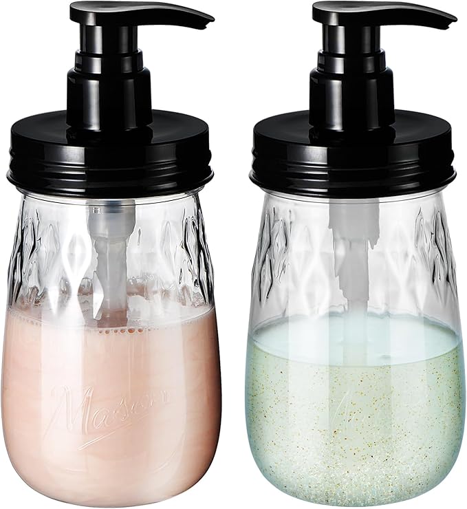 Amolliar Plastic Soap Dispenser with Pump Lid, 16 Oz Refillable Bathroom Hand Dish Soap Dispenser Set, Clear Kitchen Liquid Dispenser with Cute Lables for Farmhouse Shower (2 Pack, Black)