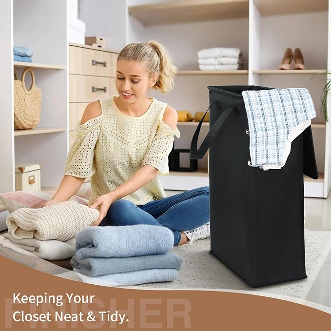 GOMAJI Slim Laundry Basket with Lid and Handles, Foldable Laundry Basket for Clothes, Clothes Hamper Easy to Carry, Dirty Hampers for Bedroom, Bathroom, Dorm, College, 12.7 Gallons(48L)