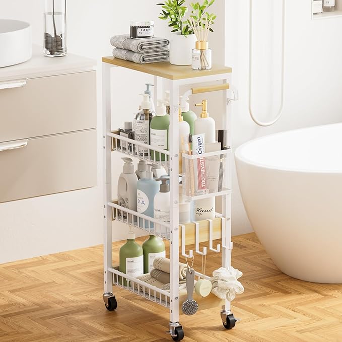 DTUQYX Slim Bathroom Storage Cart, 4 Tier Small Rolling Organizer Cabinet with Wood Top Handle, Mobile Shelving Unit Slide Out for Office, Kitchen, Laundry Room & Narrow Places (9.1" Overall Width)