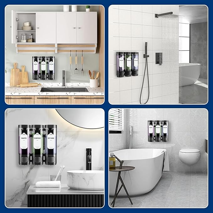 Shampoo and Conditioner Dispenser 3 Chamber No Drill – 300ml Each Container, Wall-Mounted Shower Soap Body Wash Dispenser for Bathroom, Toilet, Hotel & Kitchen (Black)
