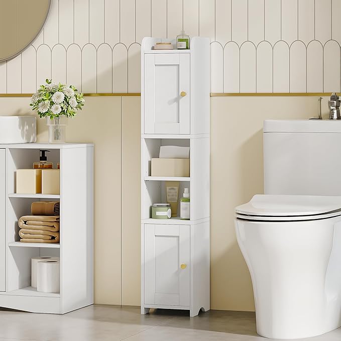 HEXCELEN Slim Bathroom Storage Cabinet, Narrow Cabinet with 2 Doors, Small Bathroom Organizers and Storage, Laundry Room Organization for Small Space, Kitchen, Living Room, White 022413X