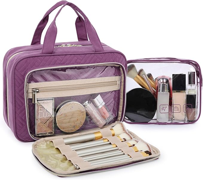 BAGSMART Toiletry Bag Hanging Travel Makeup Organizer with TSA Approved Transparent Cosmetic Bag Makeup Bag for Full Sized Toiletries, Large-Purple