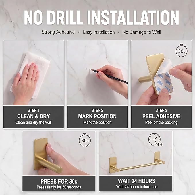 Songtec Gold Towel Bar 9-Inch, Adhesive Bath Towel Rack No Drill, Strong Adhesion Tape Mount Towel Holder, Stainless Steel - Brushed Gold