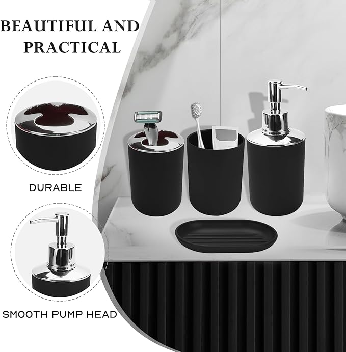 Black Bathroom Accessories Set, 6Pcs Bathroom Accessory Set Includes Toothbrush Holder, Soap Dispenser, Soap Dish, Toothbrush Cup, Toilet Brush, Trash can for Bathroom Countertop Décor