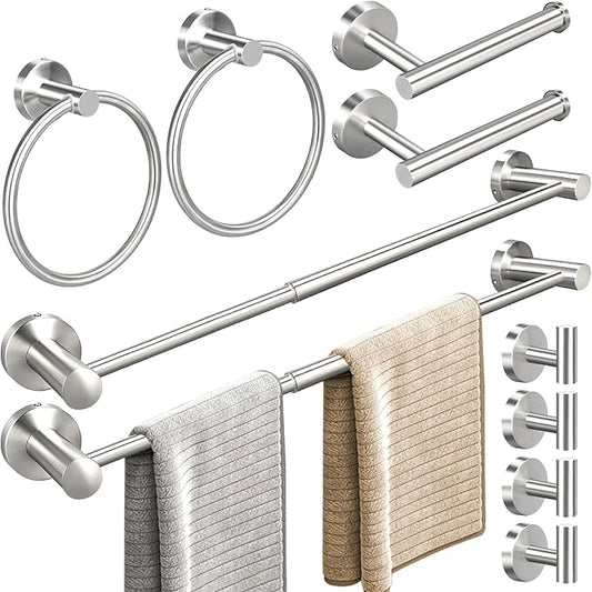 10pcs Brushed Nickel Bathroom Hardware Set, Including 2pcs 24in Retractable Hand Single Towel Bar with 2pcs Toilet Paper Holders, 2pcs Towel Rings 4pcs Multifunctional Robe Hooks