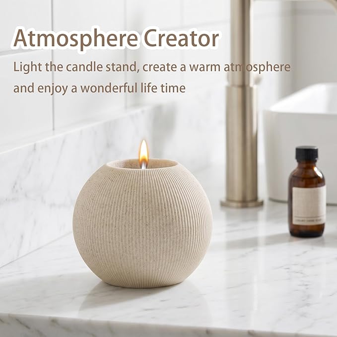 Bathroom Accessories Set, 5 PCS Sandstone Look Stripe Modern Bath Organizer with Soap Dispenser, Toothbrush Holder, Tumbler, Soap Dish, Candle Holder for Countertop Kitchen Sink (Beige)