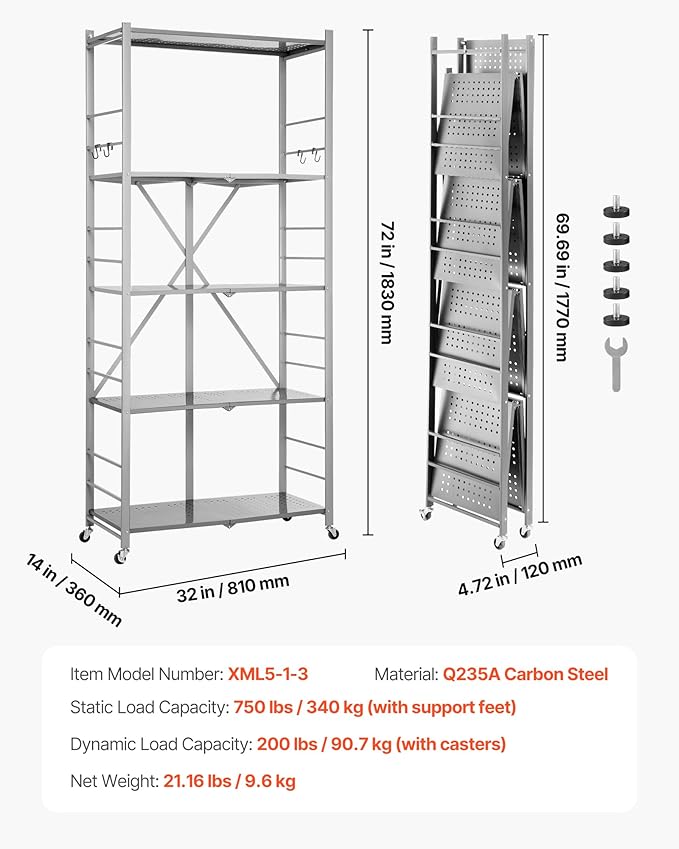 VEVOR 5-Tier Foldable Storage Shelf, 32W x 14D x 72H Inch Folding Metal Rack Shelving Unit, Heavy Duty No Assembly Organizer Shelf with 5 Wheels & 4 Hooks for Pantry, Kitchen, Garage, Basement, Grey