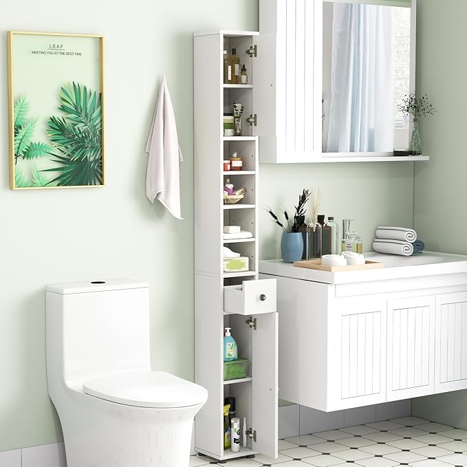 Tangkula Tall Slim Bathroom Storage Cabinet, 71" Freestanding Bathroom Cabinet w/ 2 Doors, 1 Drawer & 5 Adjustable Shelves, Floor Narrow Tower Cabinet for Small Spaces, 8" x 8" x 71" (White)