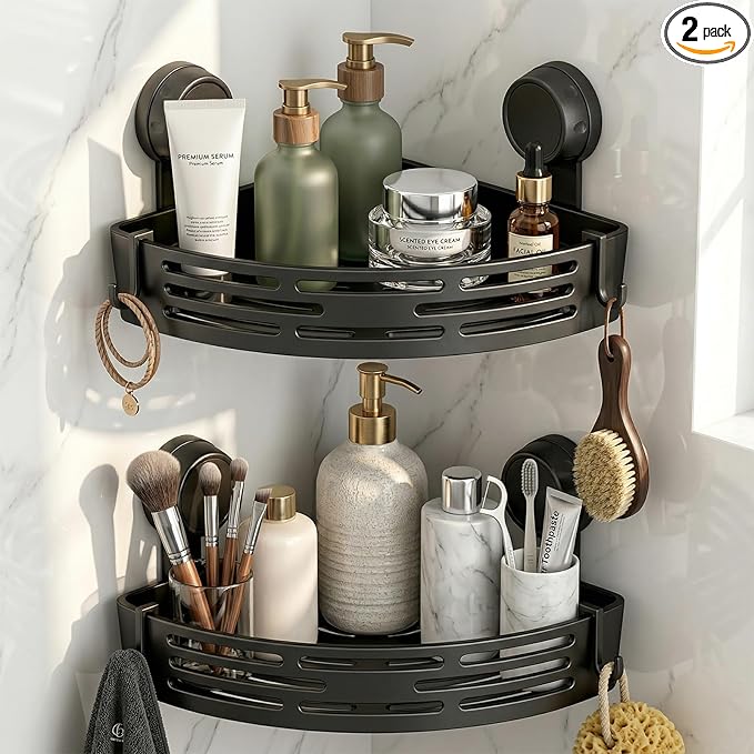 Corner Shower Caddy Suction Cup No Drilling, 2 PCS Removable Corner Shower Shelves, Bathroom Organizers and Storage, Shower Caddy Corner Storage Rack with Towel Hooks, Black