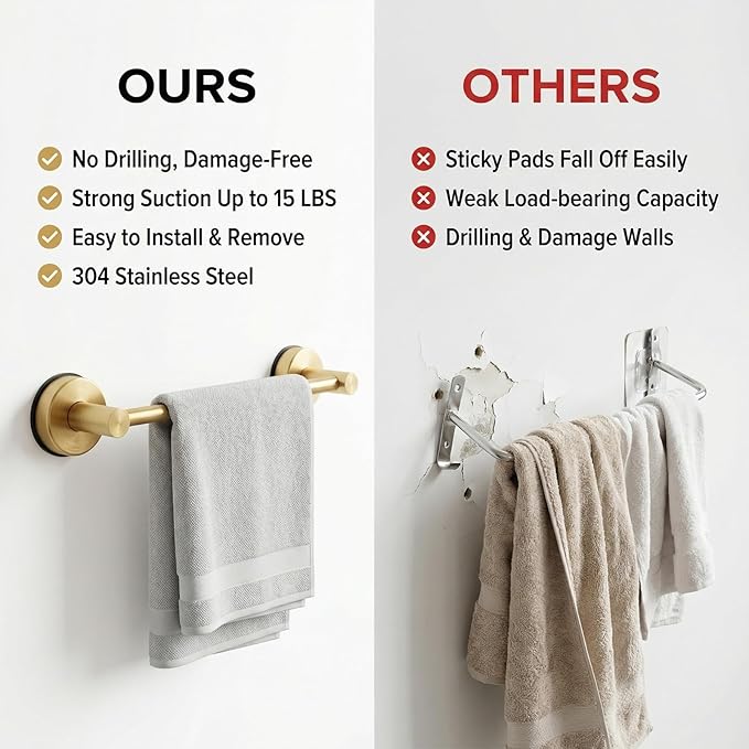 Stainless Steel Suction Cup Towel Bar, Adjustable Towel Racks for Bathroom (14.6-24 Inch) - Bathroom Towel Holder Wall Mounted for Glass Shower Door & Wall (Brushed Gold)