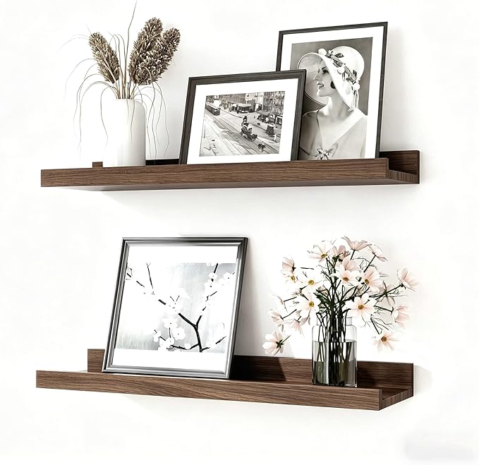 Floating Shelves for Wall Decor, Wall Mounted Wood Storage Shelf for Bedroom, Living Room, Bathroom, Kitchen, Nursery, Rustic Display Picture Ledge Shelf with Lip Set of 2-16 Inches, Walnut