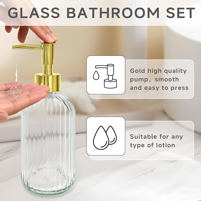 2 PCS Clear and Gold Glass Bathroom Accessory Sets, Clear Bathroom Set, Soap Dispenser and Toothbrush Holder Set for Modern Bathroom Decor