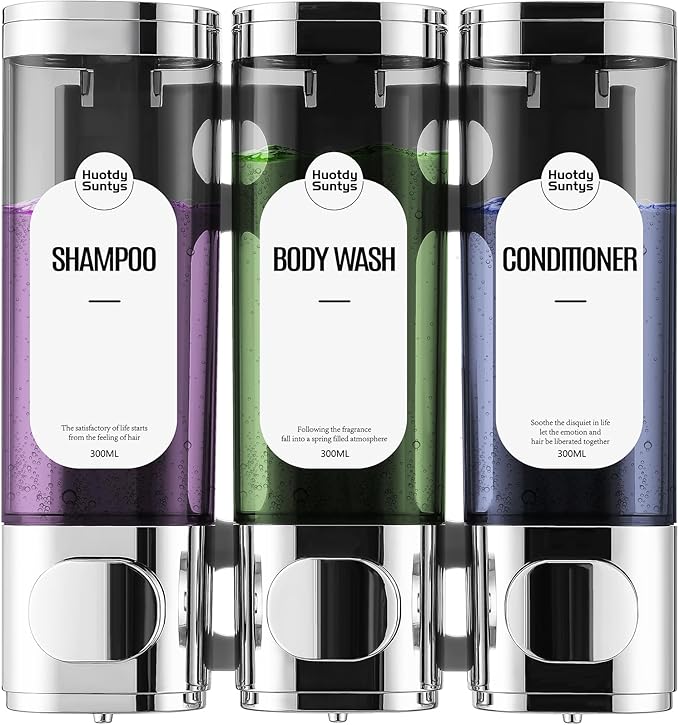 Shampoo and Conditioner Dispenser 3 Chamber No Drill, HUOTDY SUNTYS Shower Soap Dispenser Wall Mounted,Shampoo Dispenser for Shower Wall Body Wash Dispenser for Bathroom Toilet Hotel Kitchen (Chrome)
