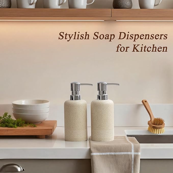 YMXYJM Resin Soap Dispenser Sets, 2 Pcs Heavy Lotion Dispensers,10.8oz Refillable Liquid Soap Dispensers with Rust-Proof Pump for Bathroom Countertop or Kitchen, Stone Beige