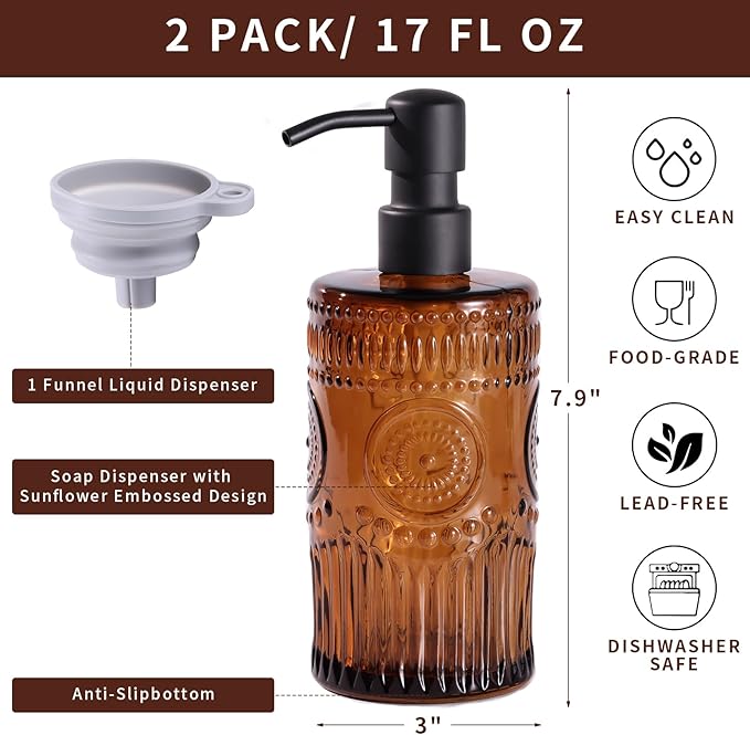 17 OZ Sunflower Embossed Glass Soap Dispenser - 2 Pack, with 304 Rust Proof Stainless Steel Pump, Glass Soap and Lotion Dispenser Set, Liquid Hand Soap Dispenser for Home, Kitchen & Bathroom (Amber)