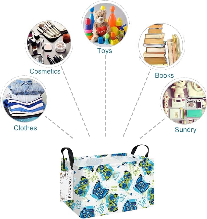 Storage Bins,Nursery Hamper Canvas Laundry Basket Foldable with Waterproof PE Coating Storage Baskets for Boys and Girls, Office, Bedroom, Clothes,Toys(Rec-Game ）