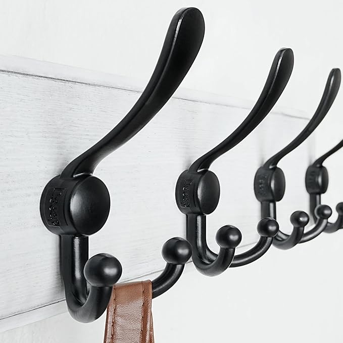 Dseap Coat Rack Wall Mounted - 5 Tri Hooks, Heavy Duty, Wooden Wall Coat Hanger Coat Hook for Clothes Hat Jacket Clothing, White & Black, Pack of 2
