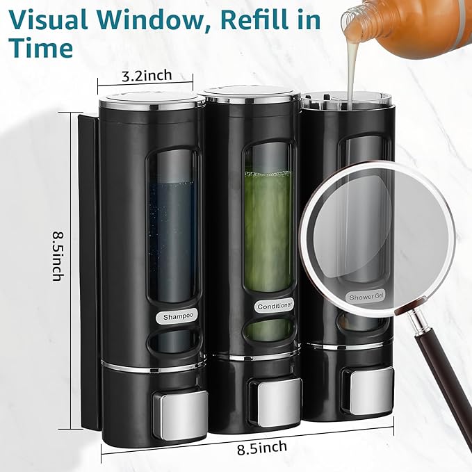 Shampoo and Conditioner Dispenser,Shower Shampoo Dispenser 3 Chamber No Drilled Shampoo Dispenser for Shower Wall Mounted Shower Dispenser Body Wash Dispenser for Bathroom Kitchen Hotel, Black