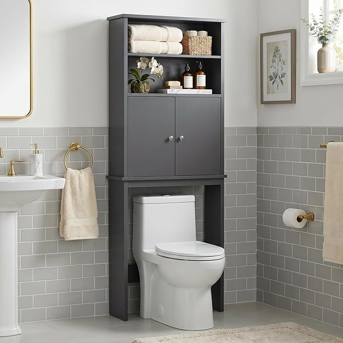 Nuturelly Over The Toilet Storage Cabinet, Bathroom Storage Organizer with Adjustable Shelves and Double Wooden Doors, Freestanding Above Toilet Storage with Open Shelf, Wooden Toilet Rack, Gray
