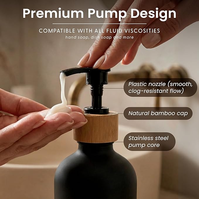 MaisoNovo Glass Dish Soap Dispenser for Kitchen Set of 2-16.9oz Dish and Hand Soap Dispenser Set for Kitchen - Black Glass Bottles x 2 with Black Bamboo Pumps & Tray