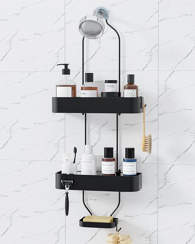 Kitsure Shower Caddy Hanging - No-Drill Bathroom Organizers and Storage, Wobble-Free Bathroom Shelves with Adhesive Tapes, Rust-Proof Shower Storage for Toiletries, Black, 28.5" H