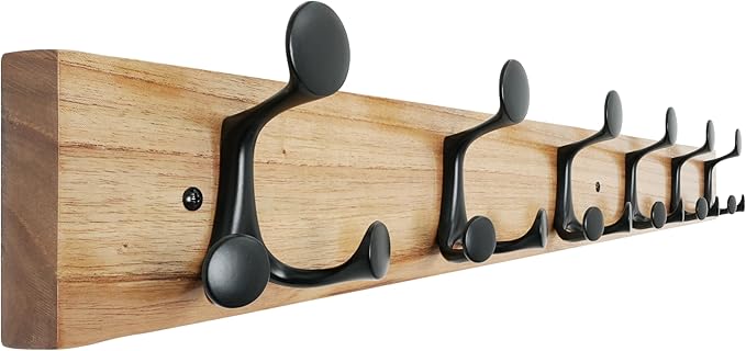 SKOLOO 36-Inch Wood Coat Rack Wall Mount with 6 Triple Hooks - Ideal for Family Entrances, Classrooms, and Pet Supplies Storage - Perfect Coat Hooks for Wall, Black on Natural